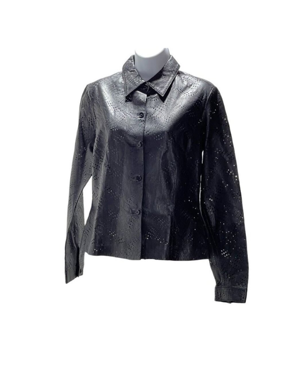& Trouser Perforated Leather Jacket Black Laser Cut Fitted